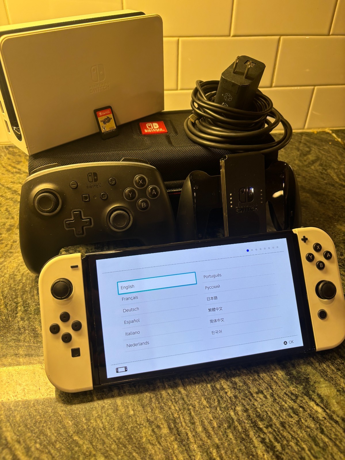 Nintendo Switch OLED White Bundle Dock Charger Pro Controller Case Game Included