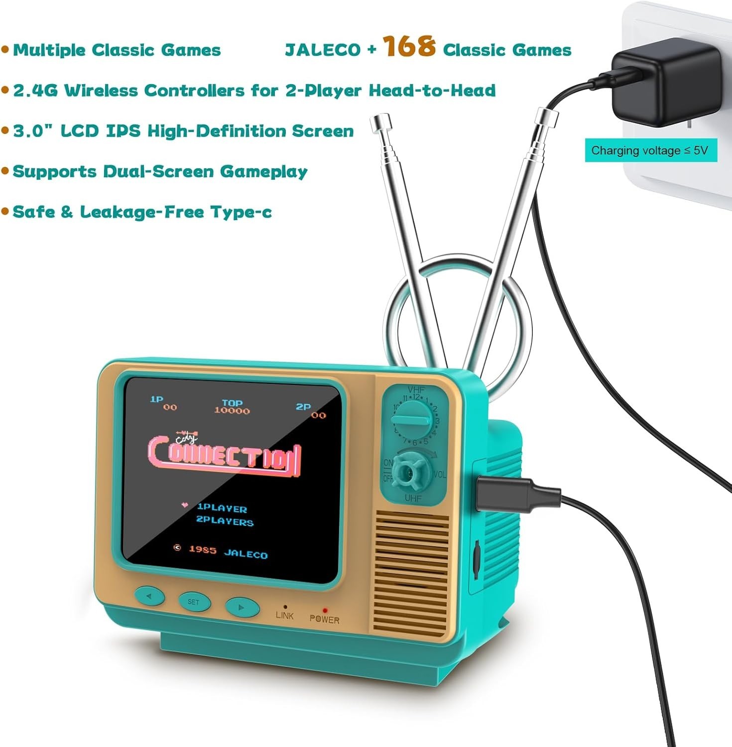 Classic Mini TV Style Handheld Console with 168 Games & Dual 2-Player Support