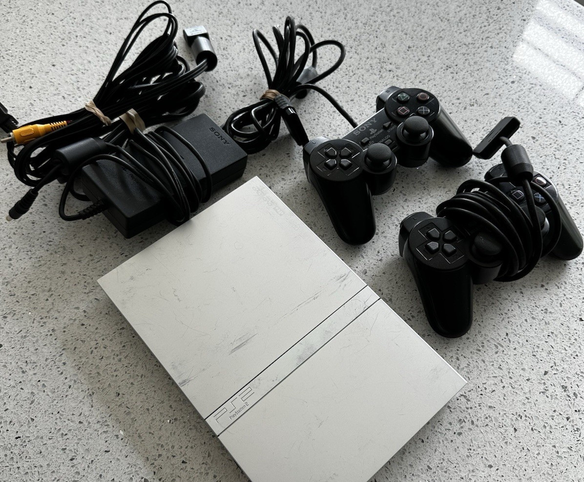 Sony PlayStation 2 Slim PS2 Silver SCPH-77001 Bundle w/ 2 Controllers, 8MB Card
