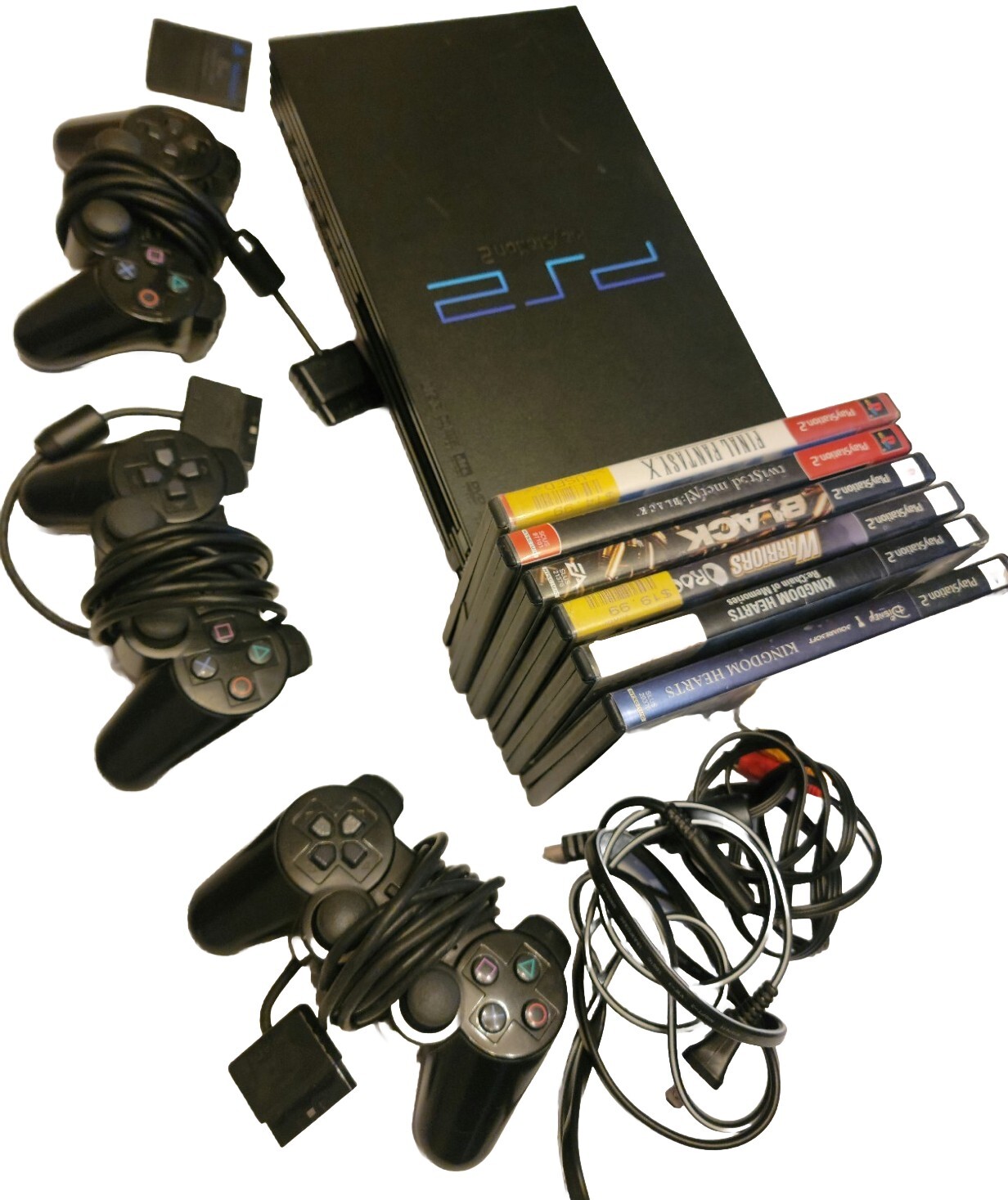 PlayStation 2 PS2 Fat Console Bundle-5 Games/3 Controllers/8mb Memory C- Tested