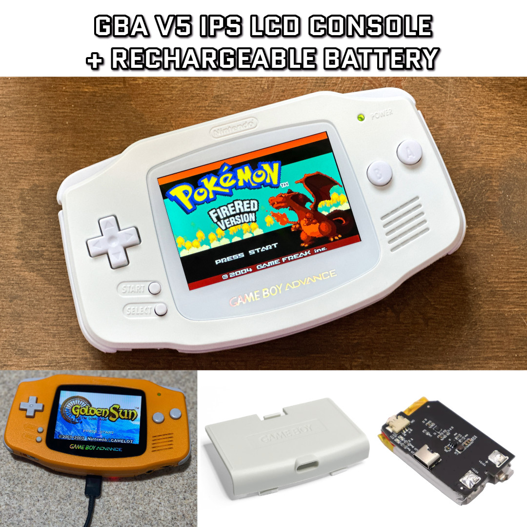 Nintendo Game Boy Advance GBA V5 IPS LCD ALL WHITE USB-C Rechargeable Battery