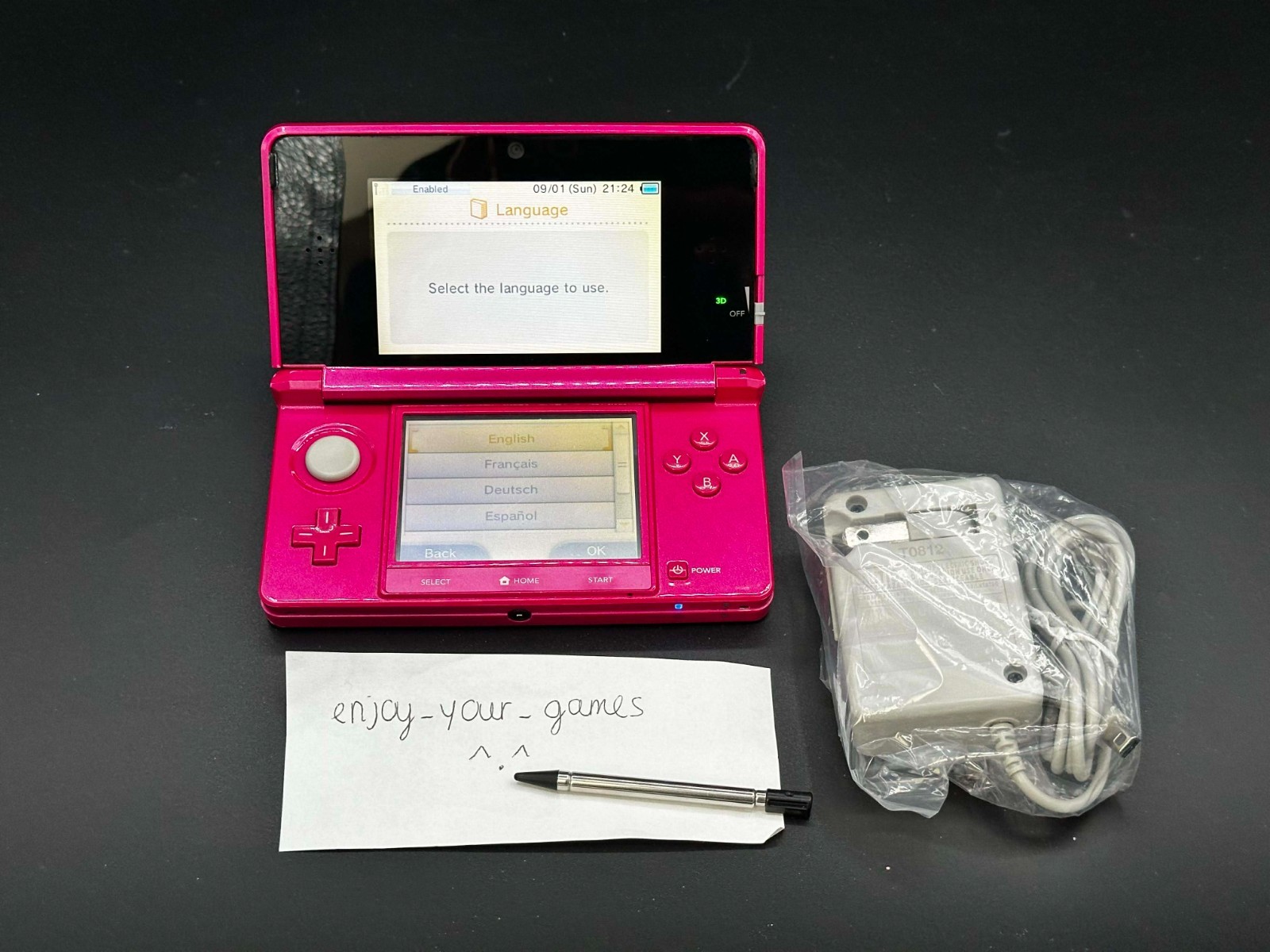 Nintendo 3DS Gloss Pink | English | Charger | Stylus | USA Seller-SHIP IN 1-DAY