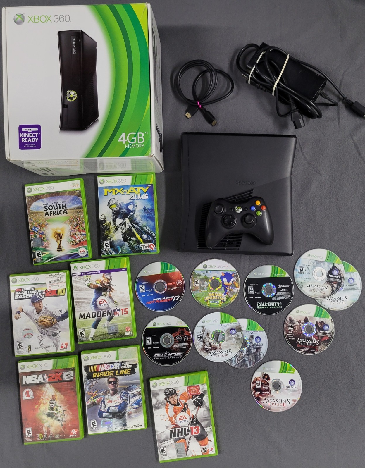 Xbox 360 Slim Console Bundle 15 Games Box Controller Fifa World Cup Model 1439