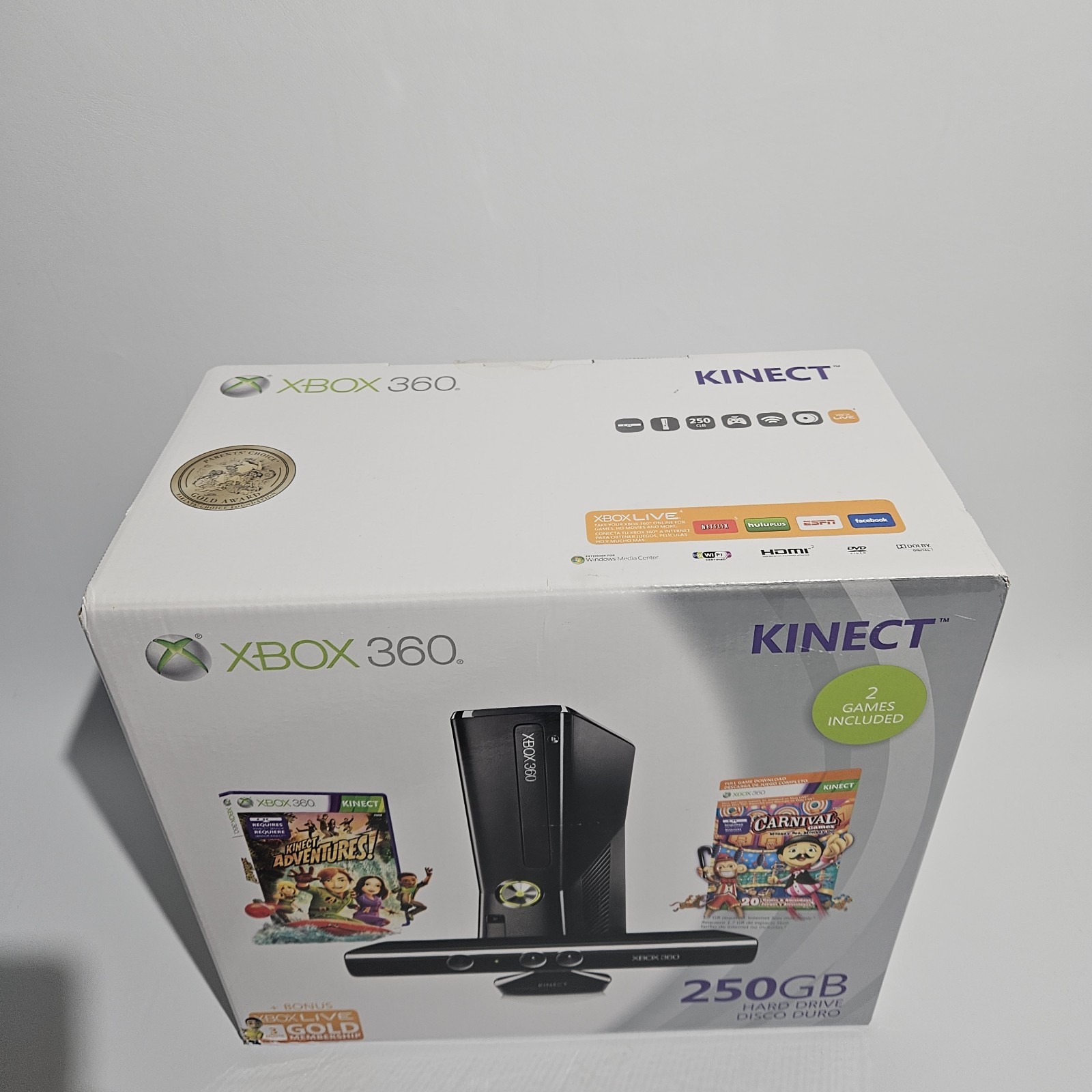 Microsoft Xbox 360 S Slim 250GB Black Kinect Bundle 2 Games NTSC NEW Sealed!