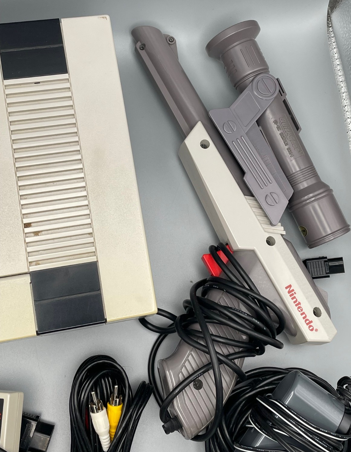 NES Bundle – Console, 2 Controllers, Gun, Rare QuickShot Scope, Magazines, Cords