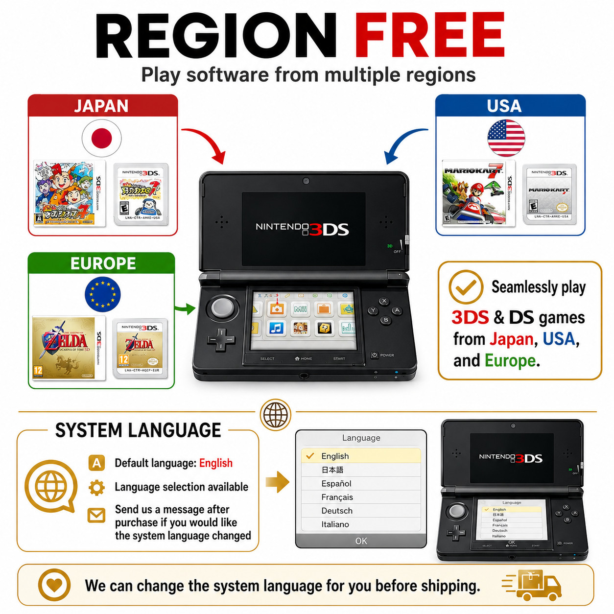 Nintendo 3DS Select Color Console region free / Charger SD card from JAPAN