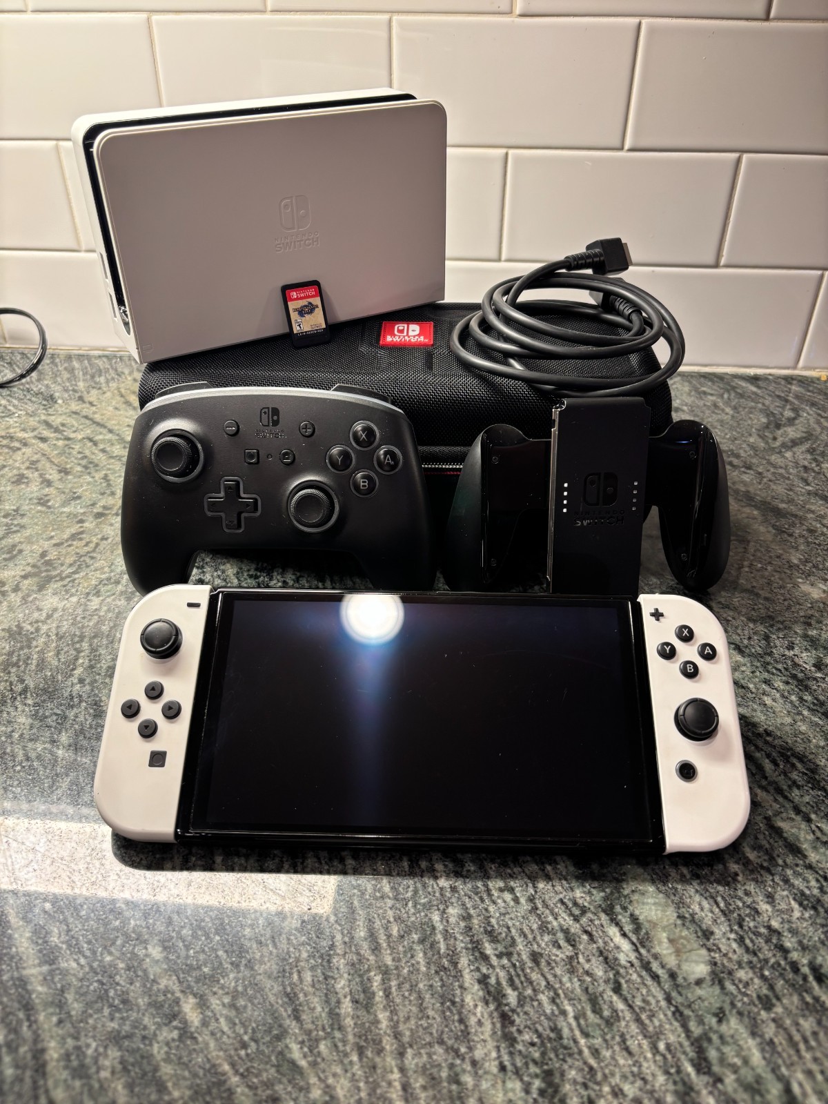 Nintendo Switch OLED White Bundle Dock Charger Pro Controller Case Game Included