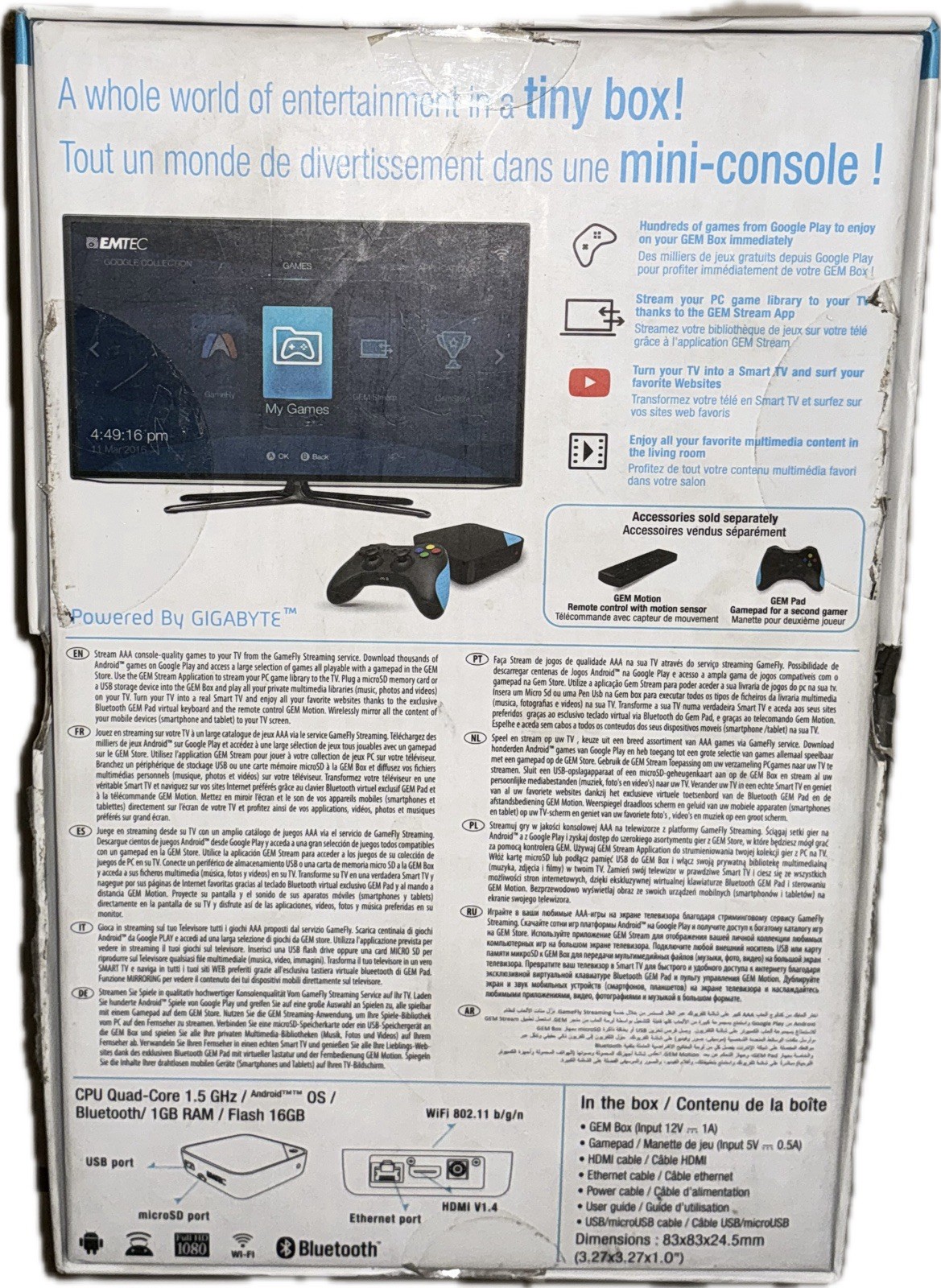 Emtec GemBox Android Games Console CPU Quad-Core 1.5GHz 1GB ram 16GB Flash Drive