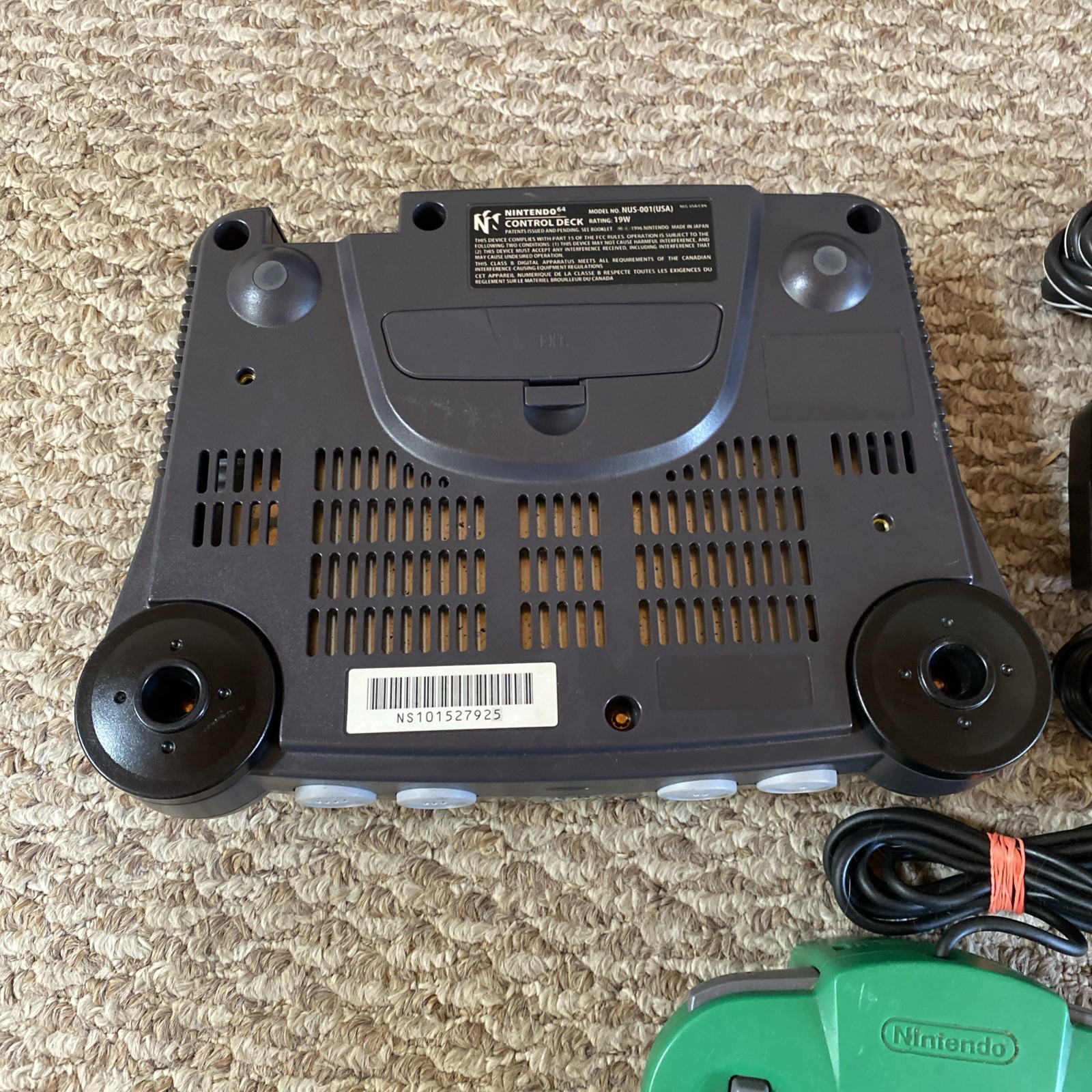 Nintendo 64 Black Console N64 w/ Green Controller Power & AV Cables ALL OEM