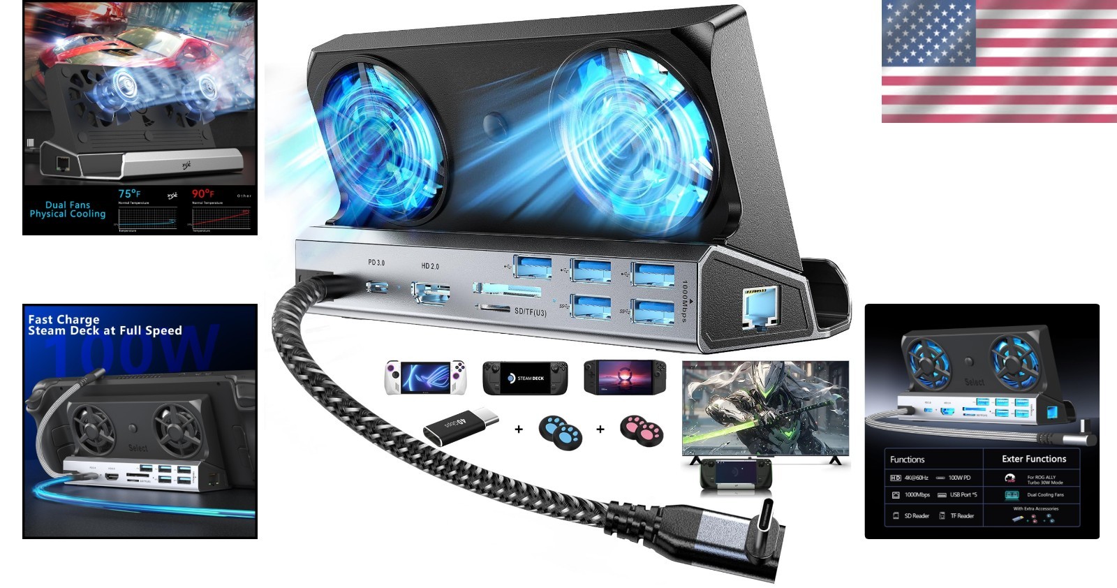 Elite Steam Deck Hub: 13-in-1, 4K@60Hz, Dual Cooling, 100W Fast Charge