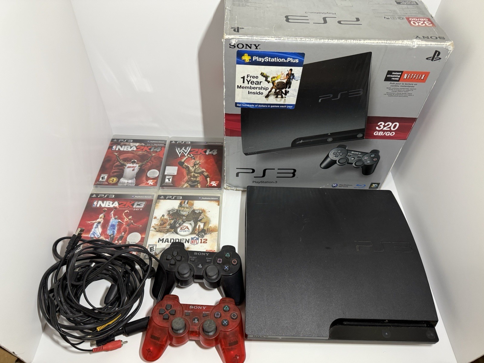 PS3 Slim 320GB Console With 2 Controllers / 4 Games / Cables TESTED & WORKS