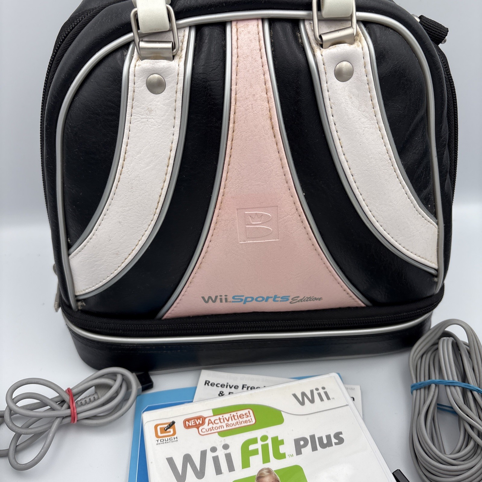 Nintendo Wii RVL-001; Power/Av Cables White; Brunswick Sports Bag Wii Fit Plus
