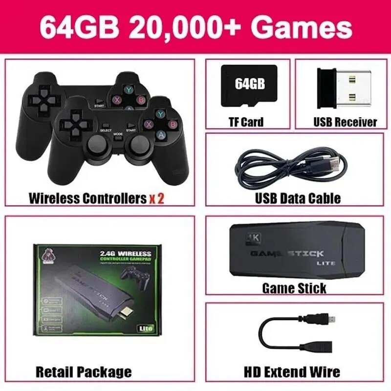 Video Game Console Built-in 20000 Games Wireless Controller TV Game Stick 4K HD
