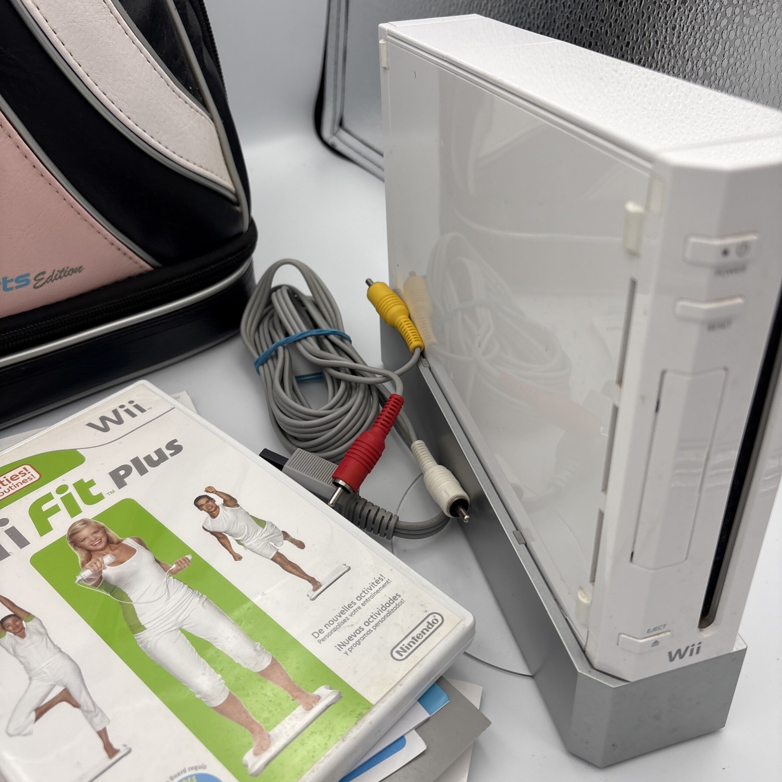 Nintendo Wii RVL-001; Power/Av Cables White; Brunswick Sports Bag Wii Fit Plus