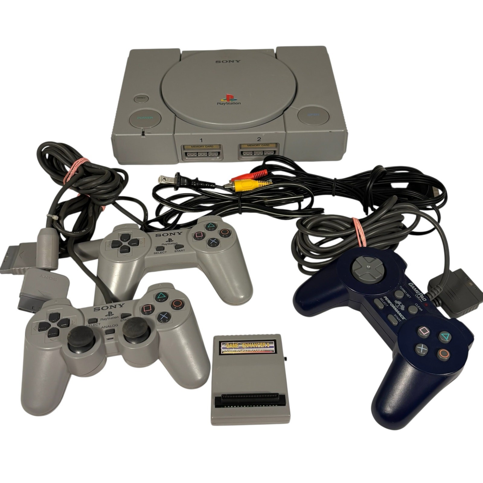Sony Playstation 1 PS1 Game Console 3 Remotes Cables Game Enhancer TESTED WORKS