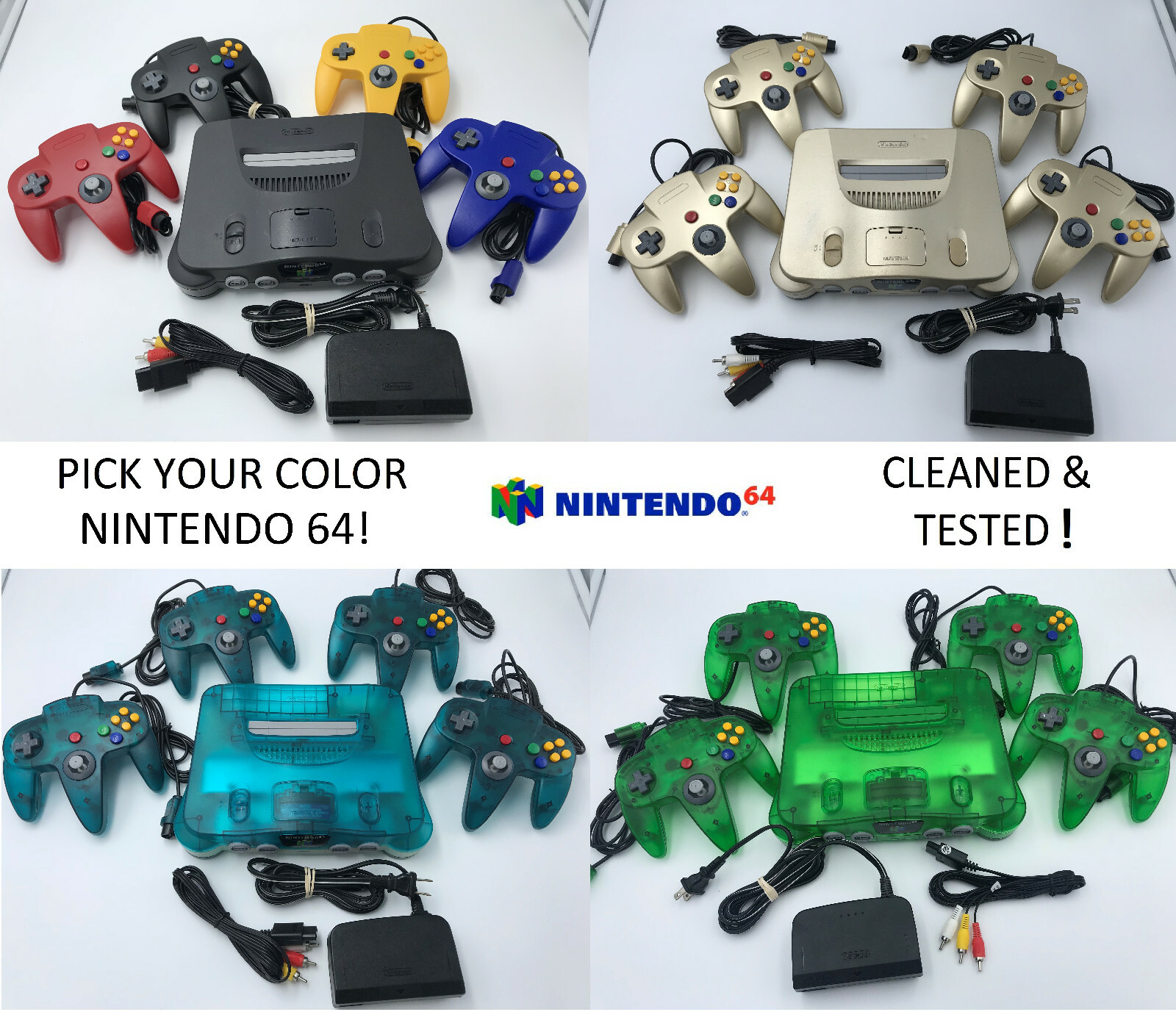 Choose Nintendo 64 Console Color + Up to 4 Controllers + Cords! CLEANED N64!