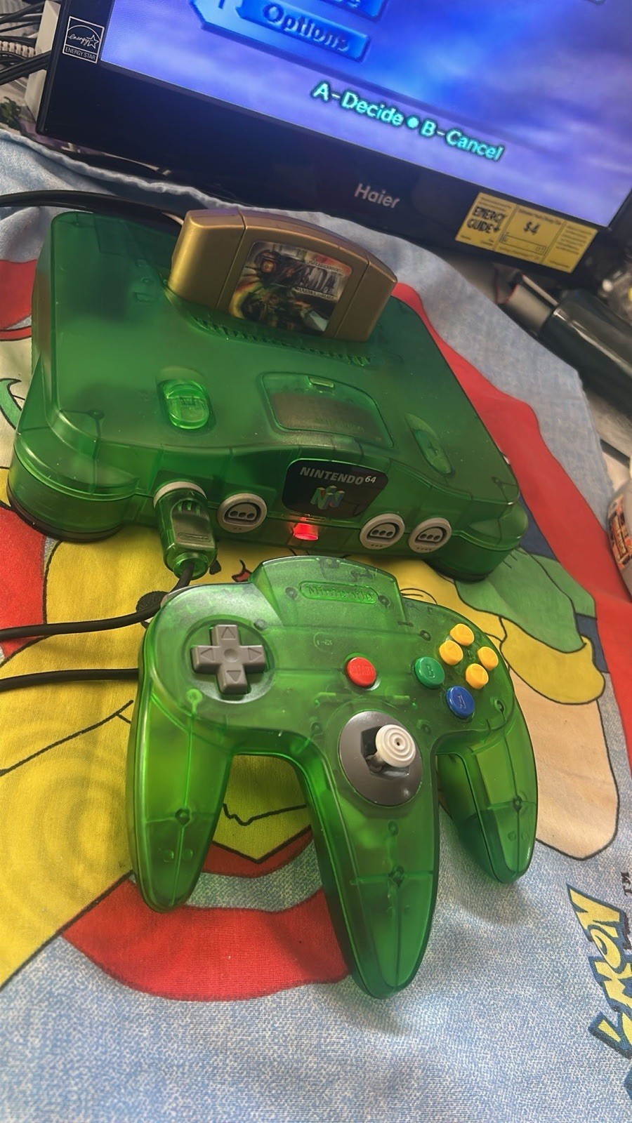 Nintendo 64 Jungle Green Console, Expansion Pak, Power Cord, Cables, READ (game)