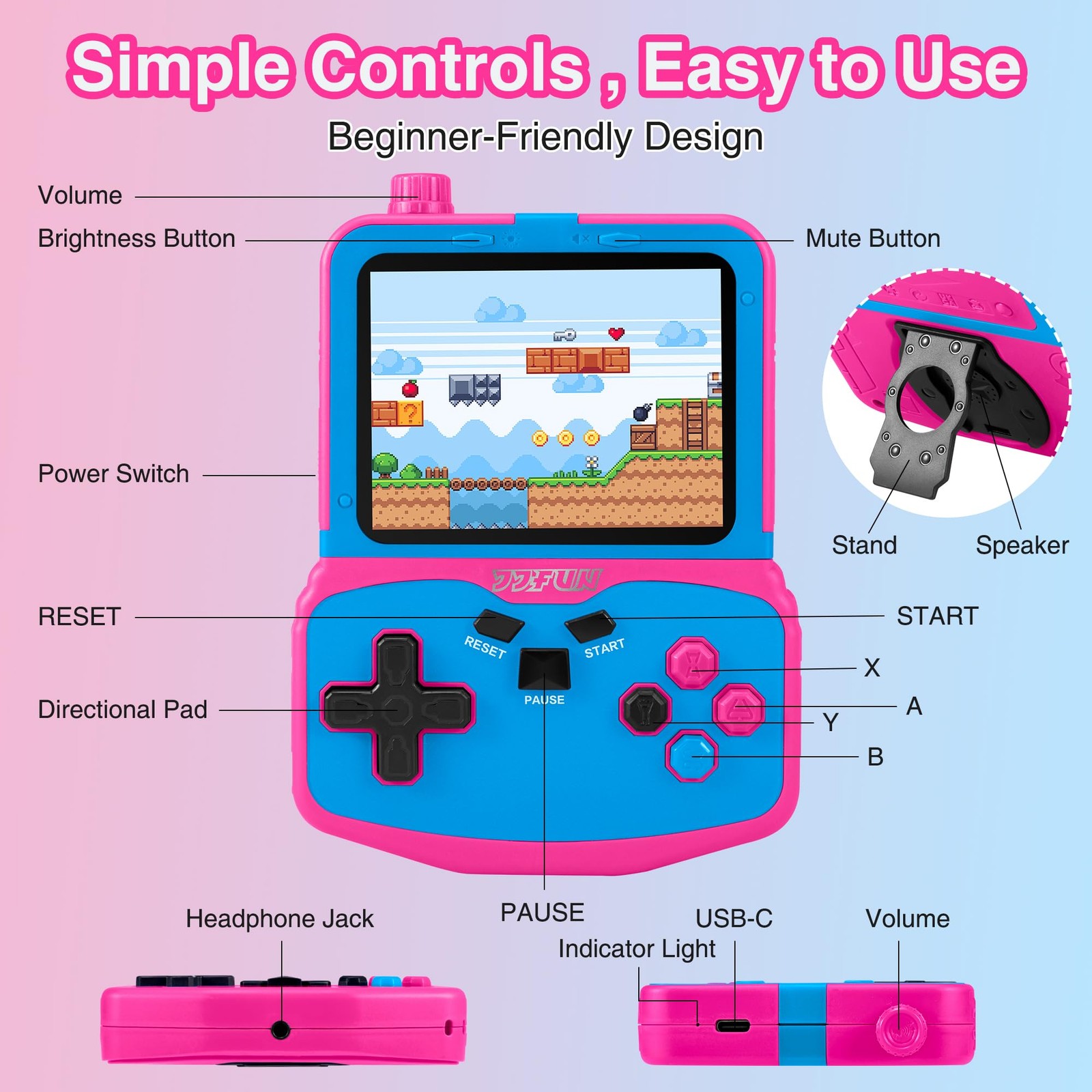 Handheld Game Console for Girls, 220 Retro Games Built-in, 3.5» HD IPS Screen,