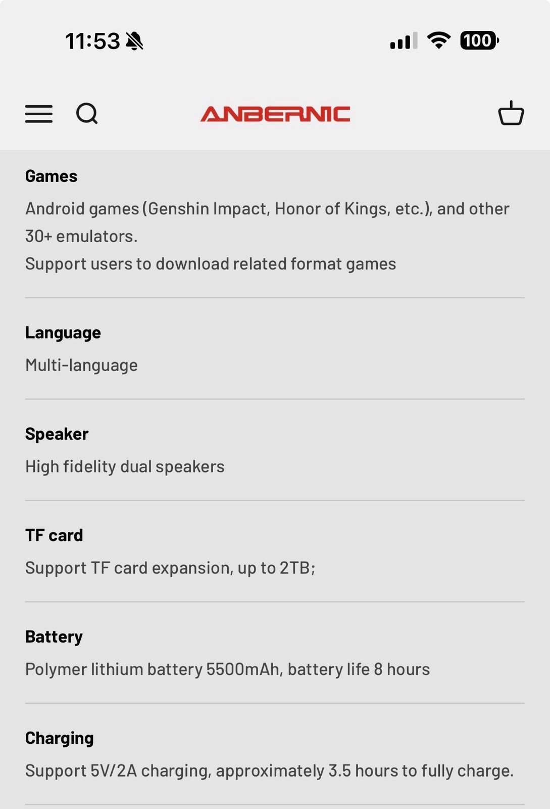 ANBERNIC RG556 Black Handheld System 128GB Android 1080p AMOLED Wi-Fi Bluetooth