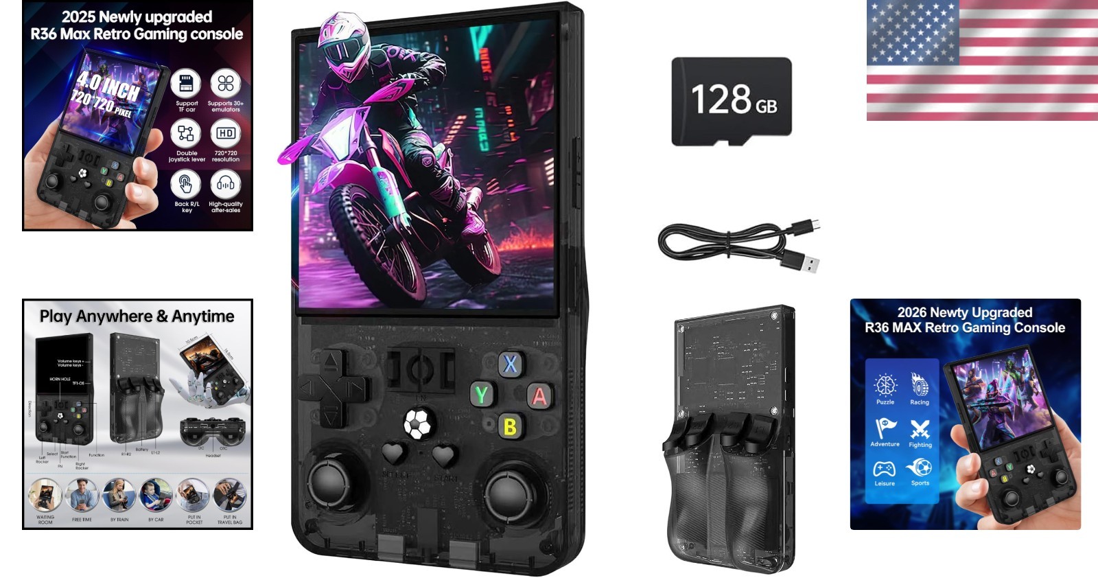 Ergonomic R36MAX Retro Console with 22,000+ Games – 4″ Screen, Linux System