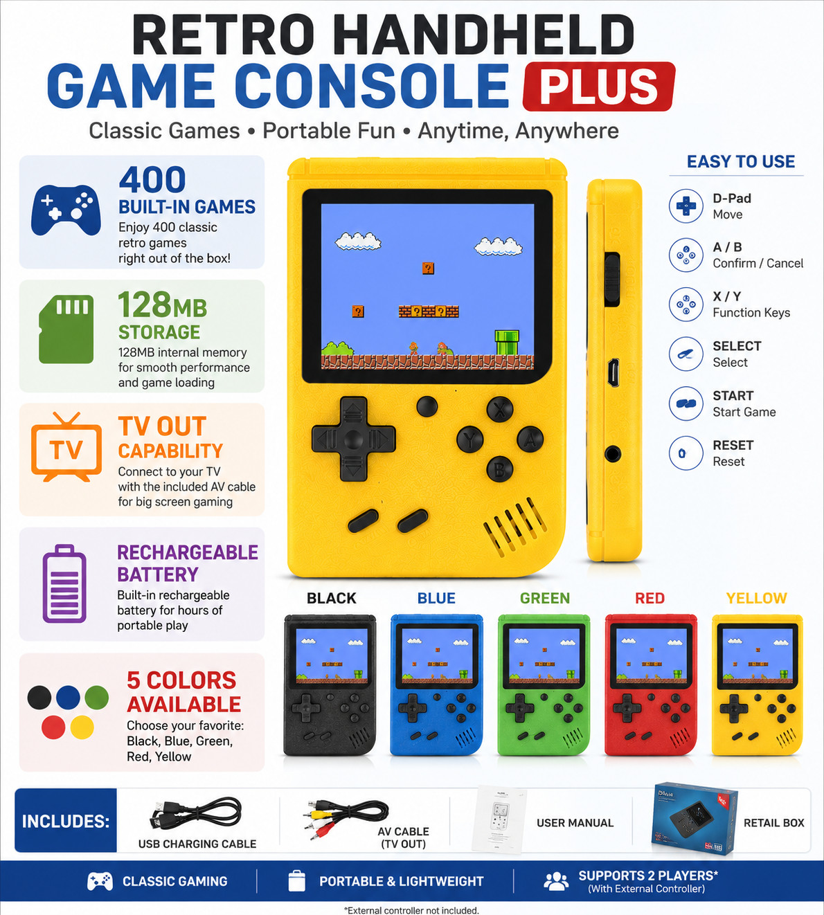 Retro Handheld Game Console 400 Built-in Games 3.0″ LCD TV Out 128MB Multi-Color
