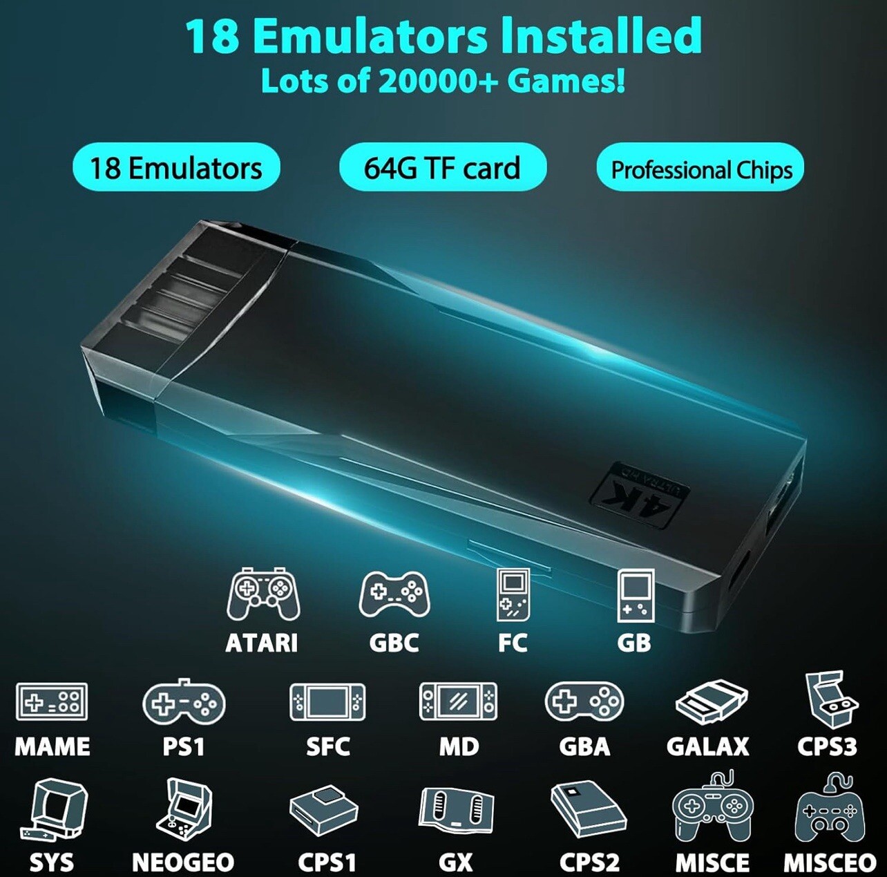 Wireless HDMI 4K TV Game Stick Console Built in 64GB 20000 Retro Games Gift