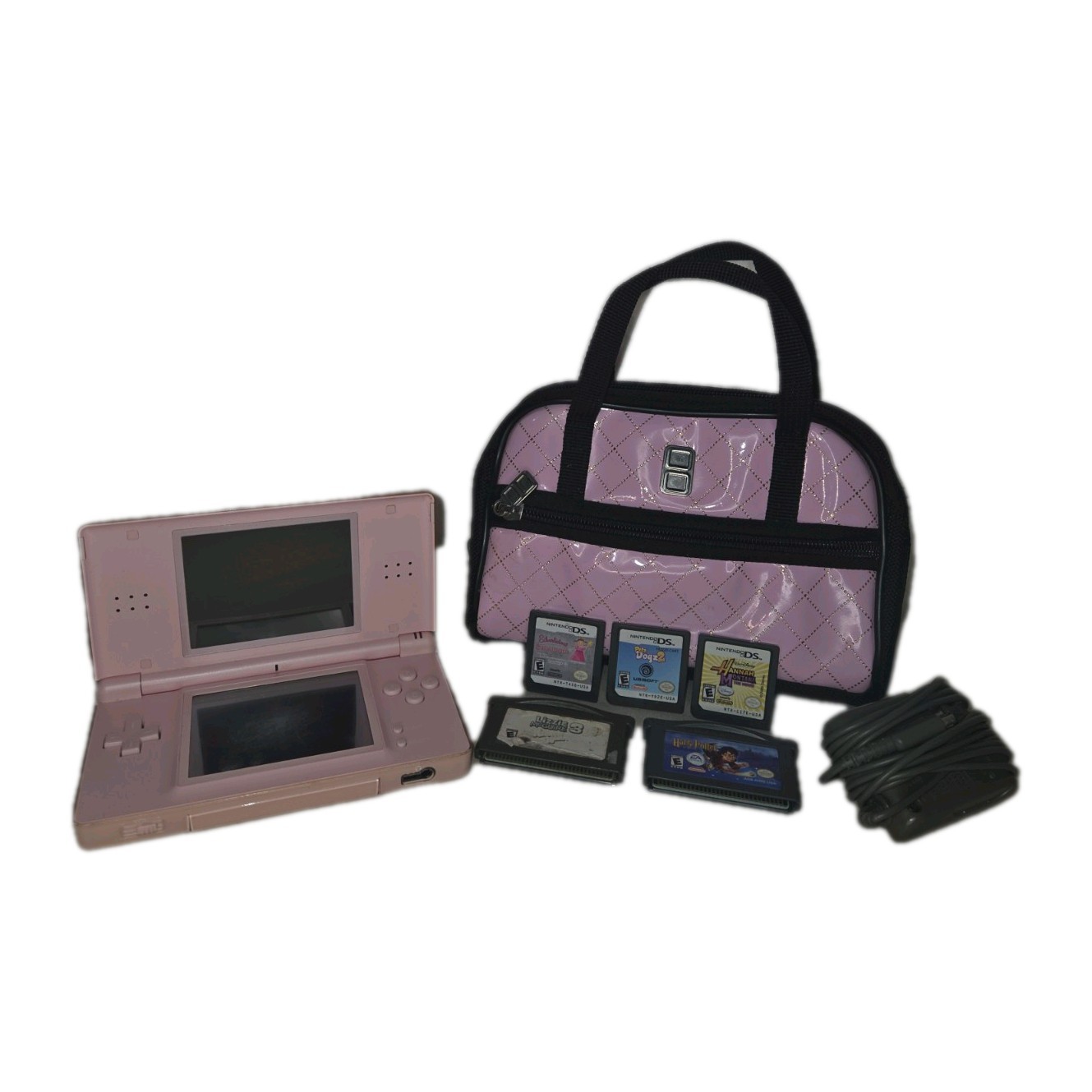 Nintendo DS Lite Console Bundle Pink Metallic Rose with Charger, Case & 5 Games