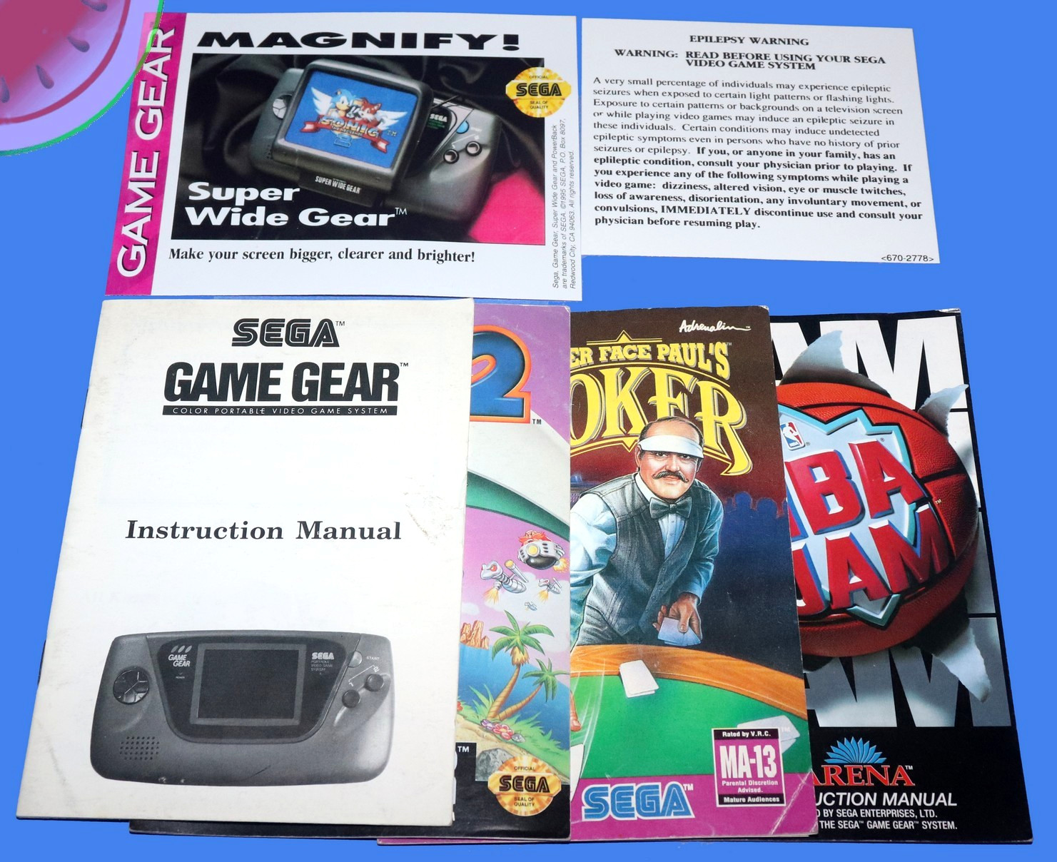 WORKING Blue Sega GAME GEAR System Recapped, Glass Lens, Carrying Case, 10 Games