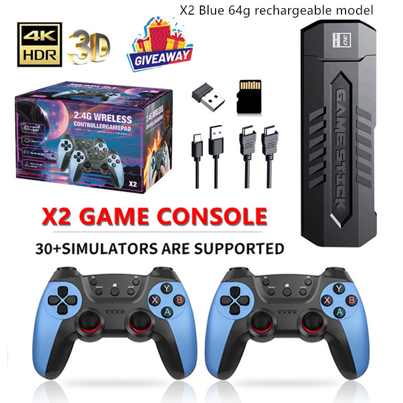 X2 4K Retro Game Console Wireless Dual Controllers TV Gaming Stick Blue