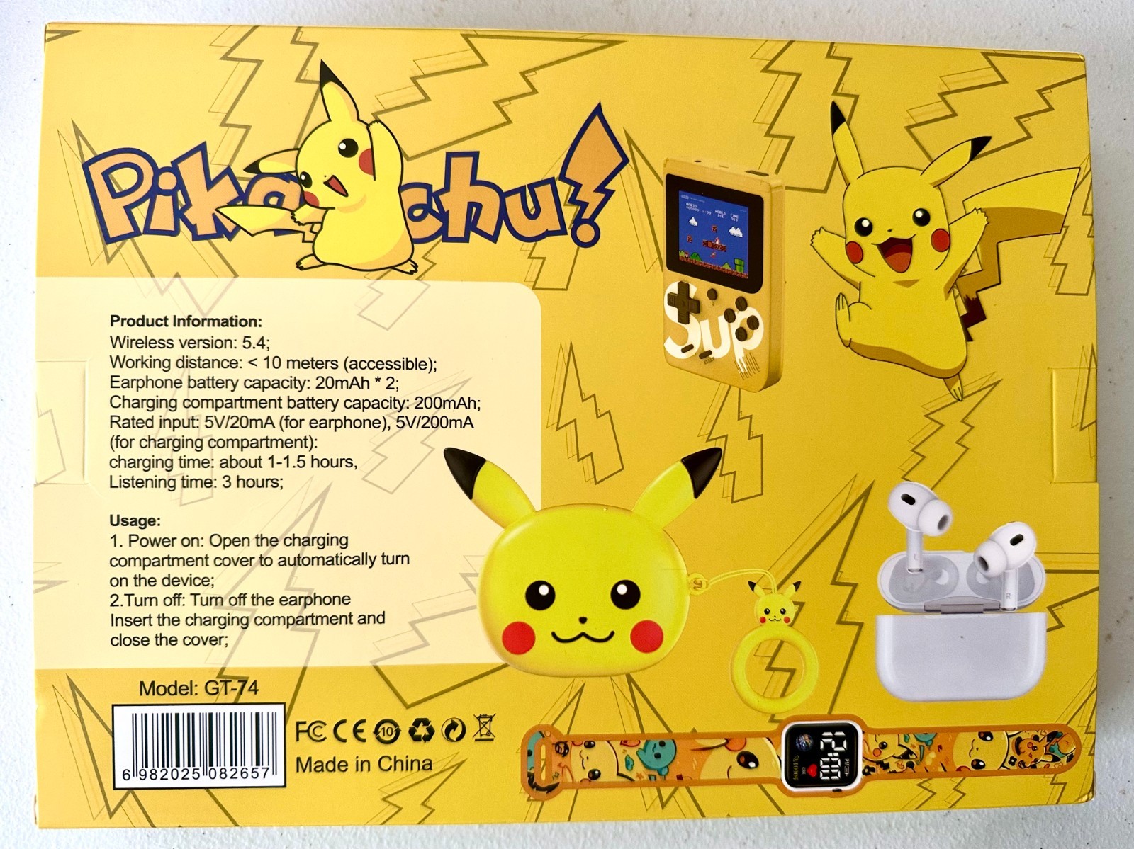 Pikachu GT-74 4in1 Game, Earbuds + Case, Smart Watch Kit