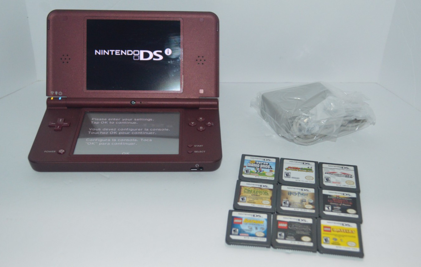 Nintendo DSi XL DS Console Wine Red Burgundy Tested With 9 Games And Charger