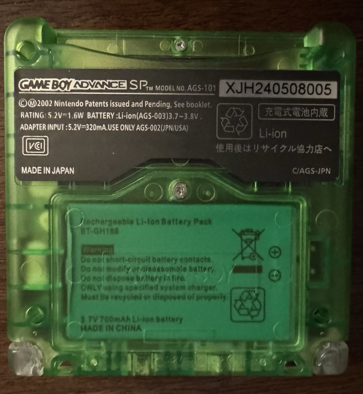 Clear green Nintendo Game Boy Advance GBA SP AGS 101 Glow in the dark.