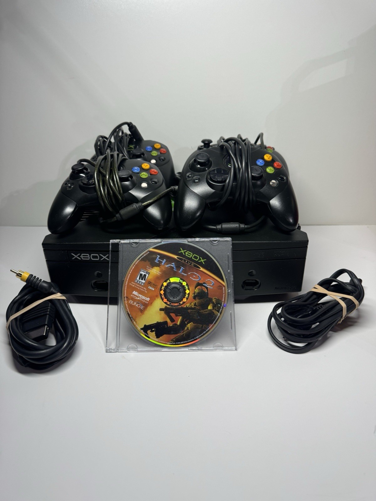Original Xbox Console Lot With Halo 2 And 4 Controllers & Cables Tested Working