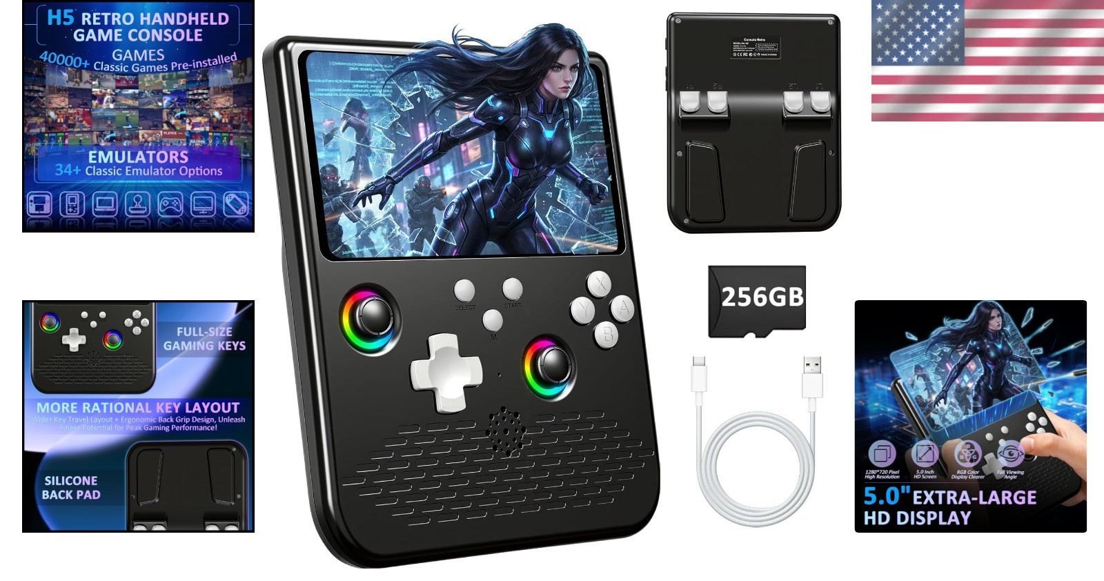 H5 Handheld Game Console: Ergonomic Design, 5-Inch HD Display & 40,000 Games
