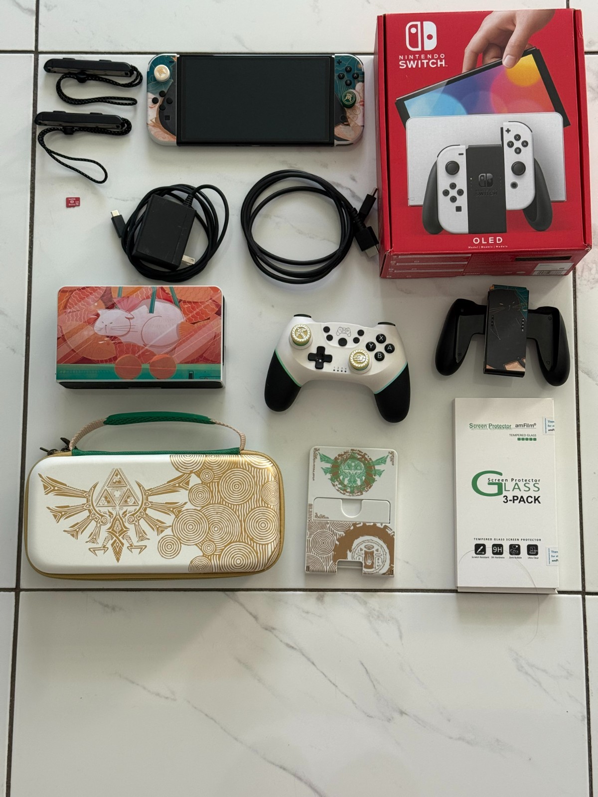 Nintendo Switch OLED White Bundle Box Case Controller 128GB SD Card w/ Extras