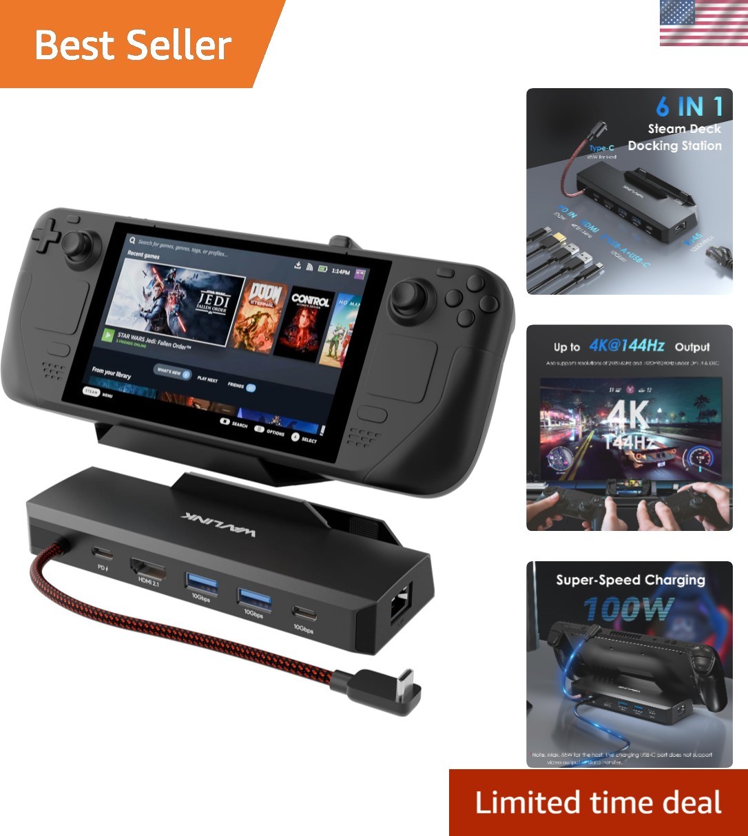 Compact 6-in-1 Docking Station for Steam Deck – 4K HDMI, 100W Charger Included