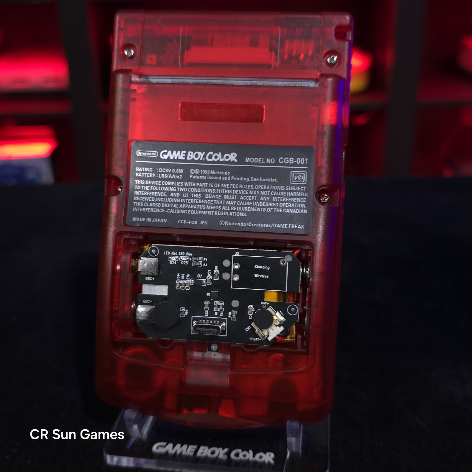 Clear Red Gameboy Color Console OLED Touch Screen And USB-C Rechargeable Battery