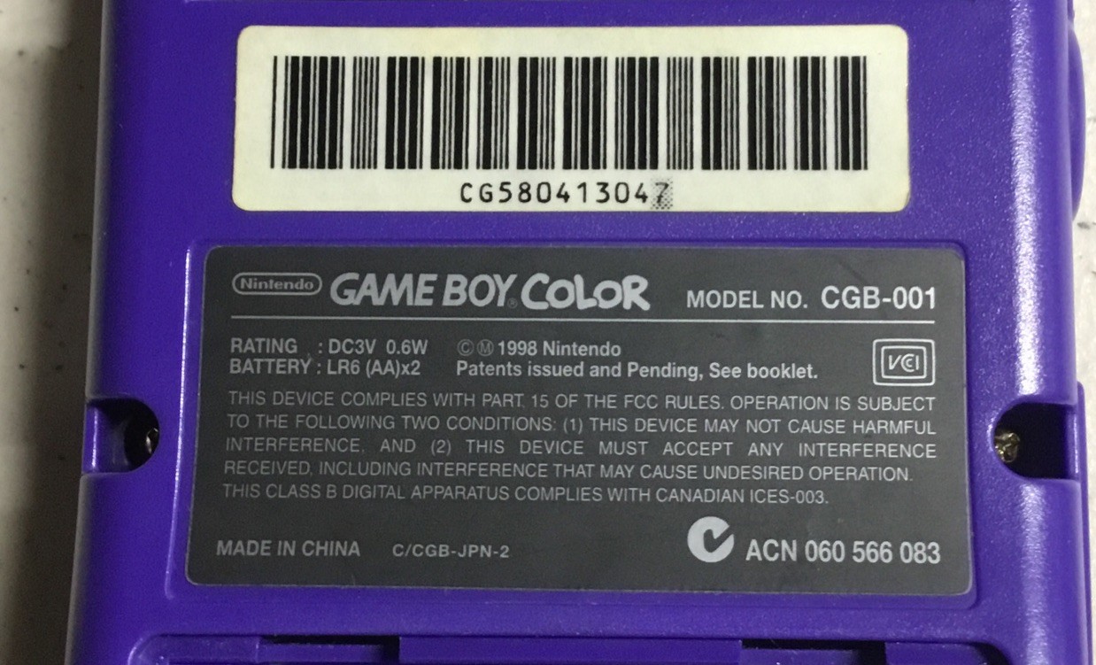 1998 NINTENDO Gameboy Color CGB-001 Purple Handheld Console Case + Frogger Game