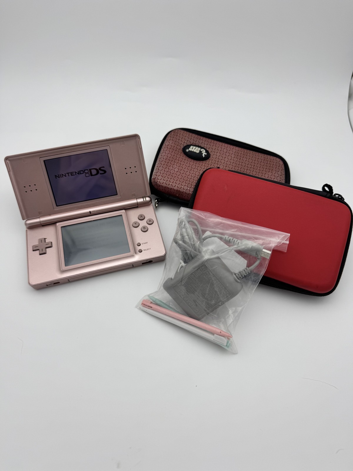Nintendo DS Lite USG-001 Metallic Rose Pink Console W/ Charger & Cases