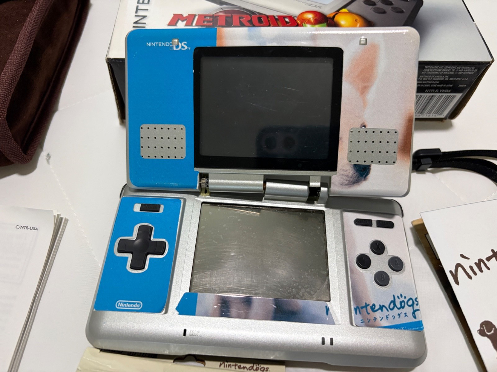 Nintendo DS Handheld Silver Console NTR-001 – Hinge Broken – Nintendogs Graffix