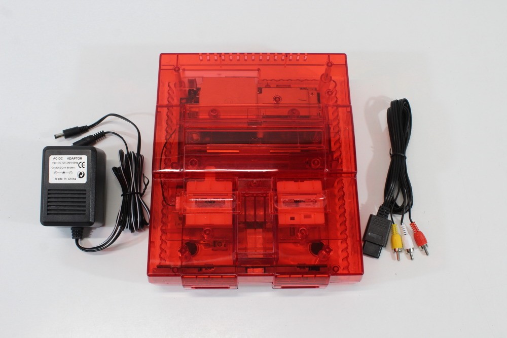 Super Nintendo Clear Red Console SNES SFC Converted AC Adapter AV Cable WORKING