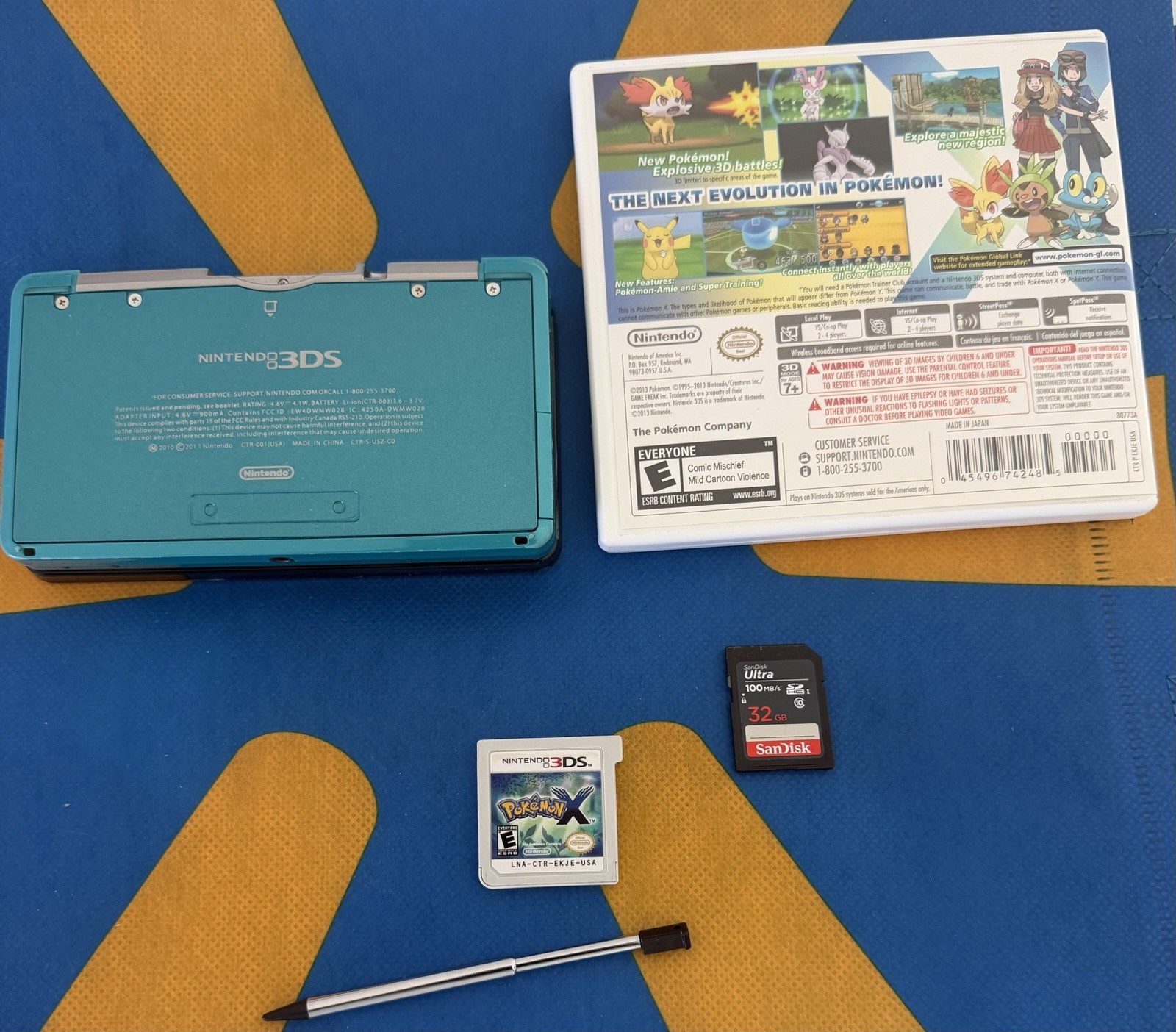 Nintendo 3DS CTR-001 Aqua Blue w/ Pokémon X Game, 32GB SD Card, Stylus & Charger