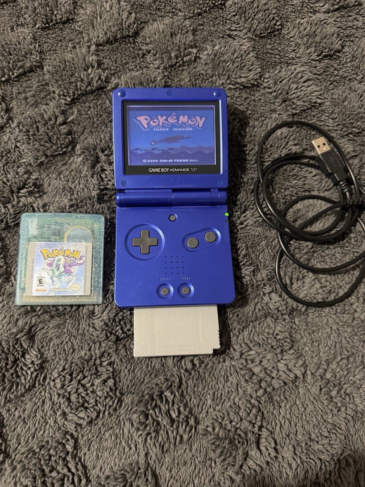 Nintendo Game Boy Advance SP Blue Backlit w/ USB Cable, Pokémon Silver & Crystal