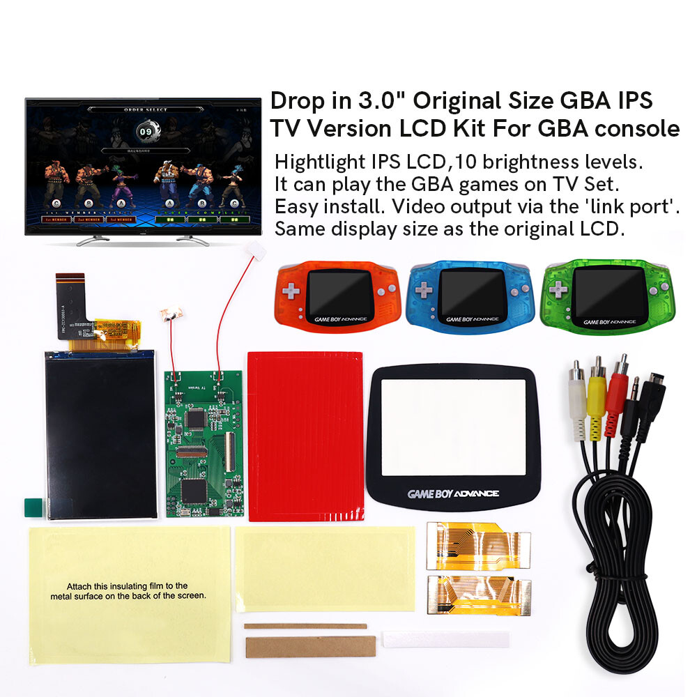 3.0 Inches V4 Drop in IPS LCD GBA TV OUT Mod Backlight Kit Pre-cut Shell For GBA