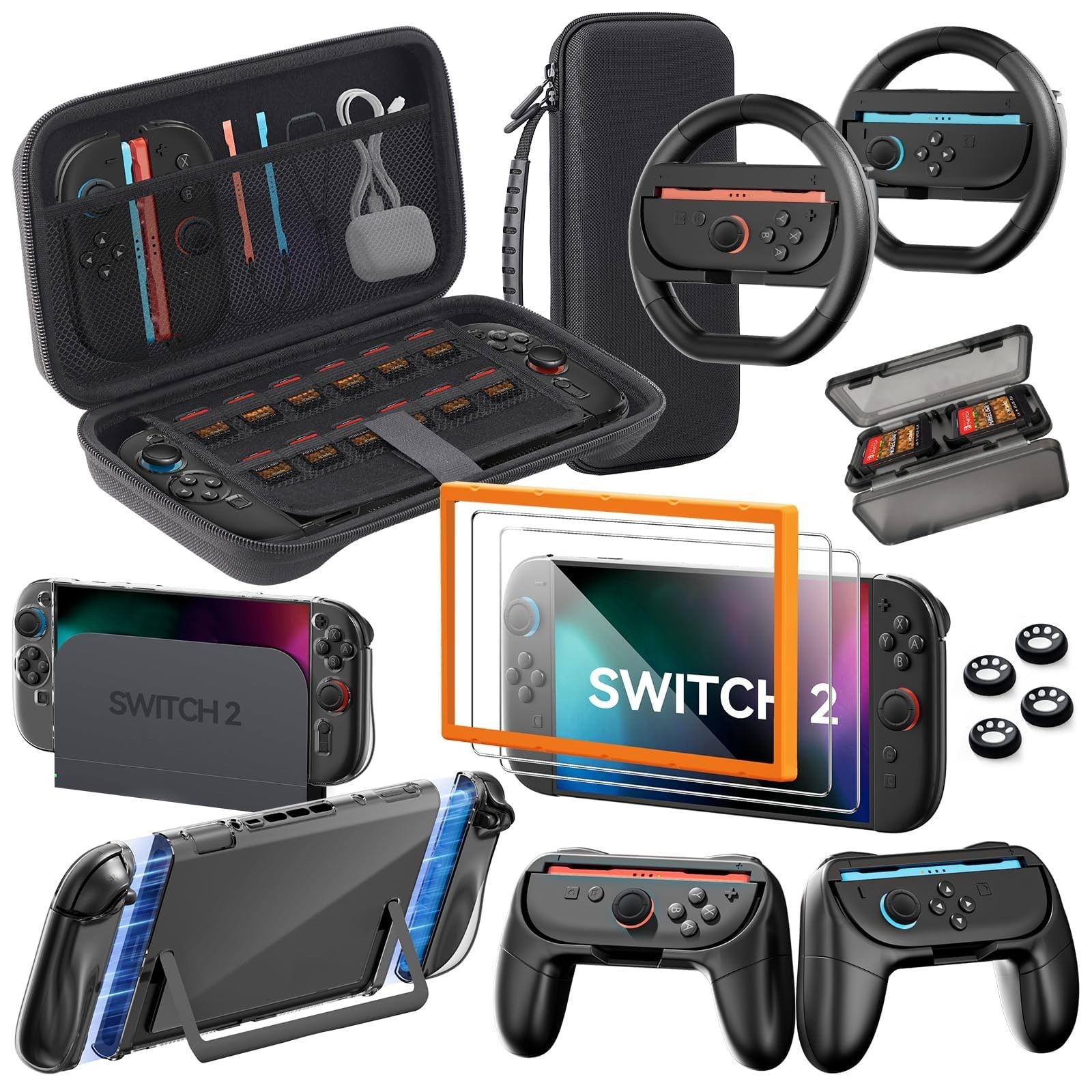 Nintendo Switch 2 Accessories Bundle 16-in-1: Carrying Case, Screen Protectors,
