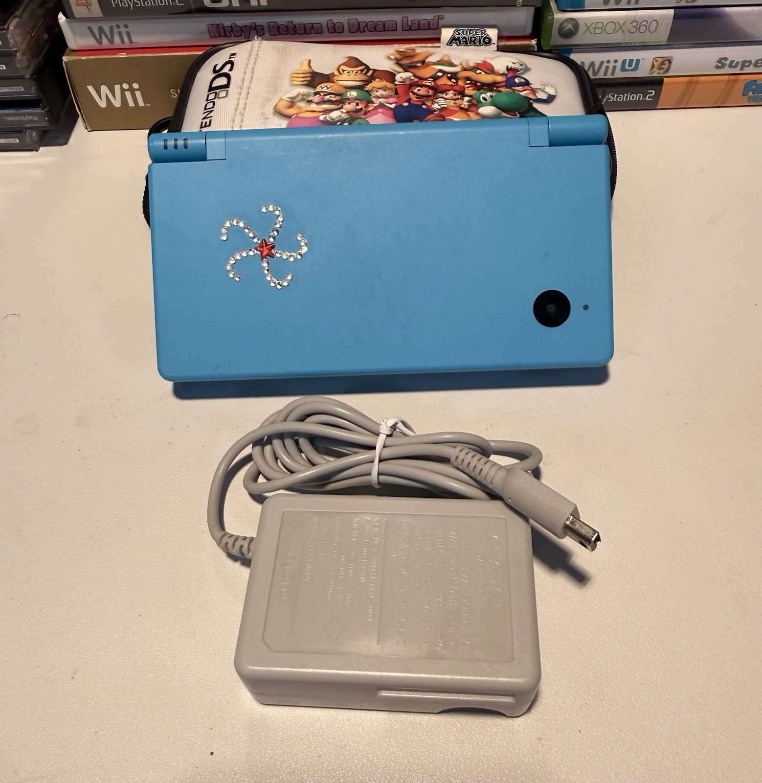 Nintendo DSi Aqua Blue Handheld Console Stylus Charger Monkeyball Tested Works