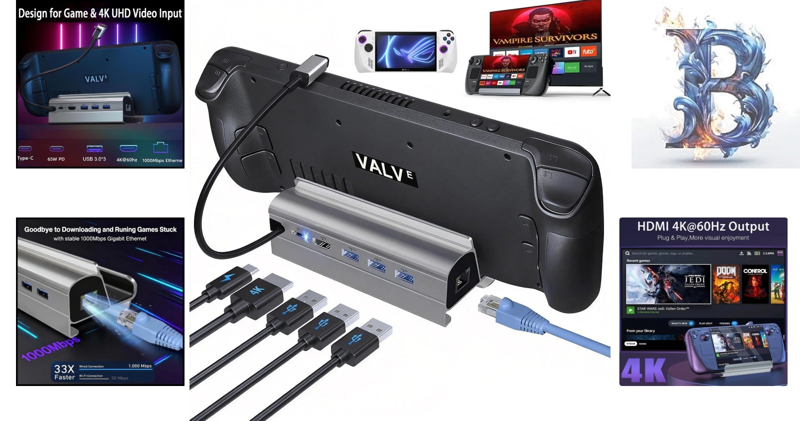 6-in-1 Docking Station for Steam Deck – 4K@60Hz HDMI, Gigabit Ethernet & More