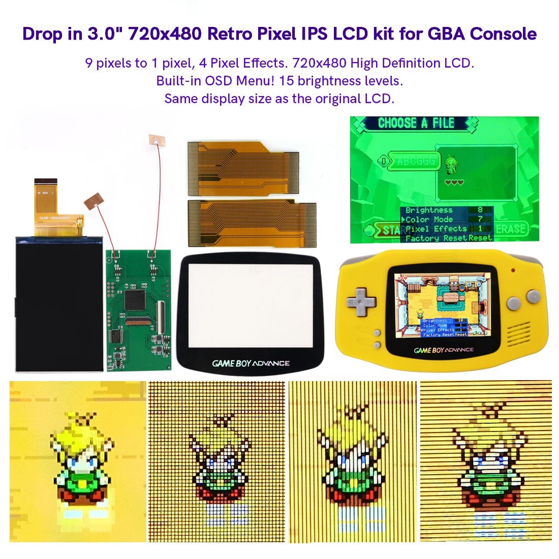 New 3.0″ Easy Drop In V5 720×480 Retro Pixel Highbacklit IPS LCD Screen For GBA