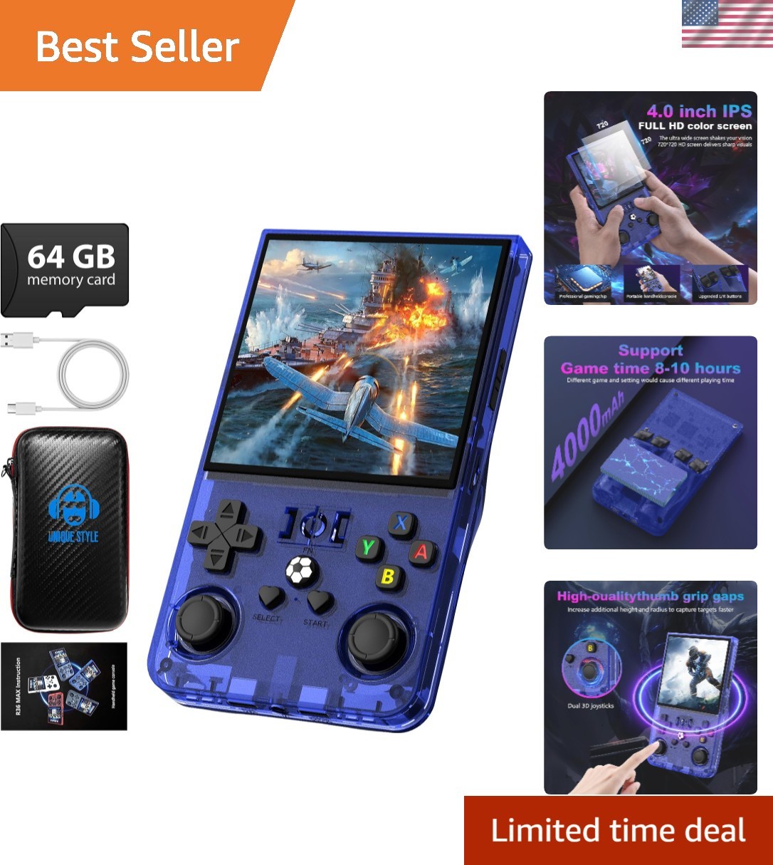 R36MAX Handheld Console – 4000mAh Battery & 18,000+ Games for Endless Fun