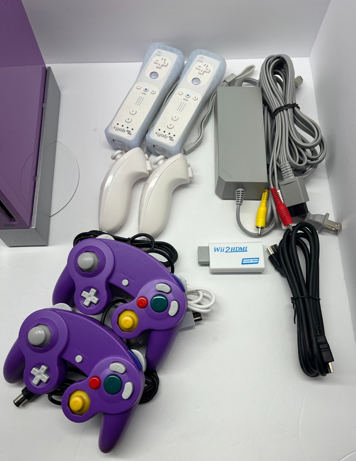 Nintendo Wii Purple Console Bundle + Wii Remotes + GC Controllers + Cables